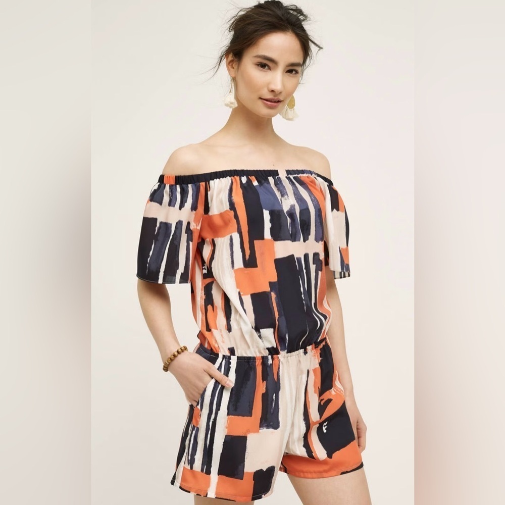 Elevenses|Anthropologie Off-Shoulder romper in multicolor Artsy print•••size 6